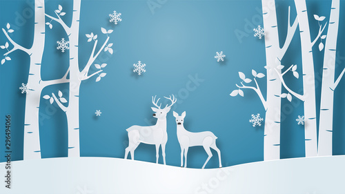 Winter landscape with deer couple and tree on winter field in paper cut style. Vector illustration design for backdrop, wallpaper, poster, greeting card.