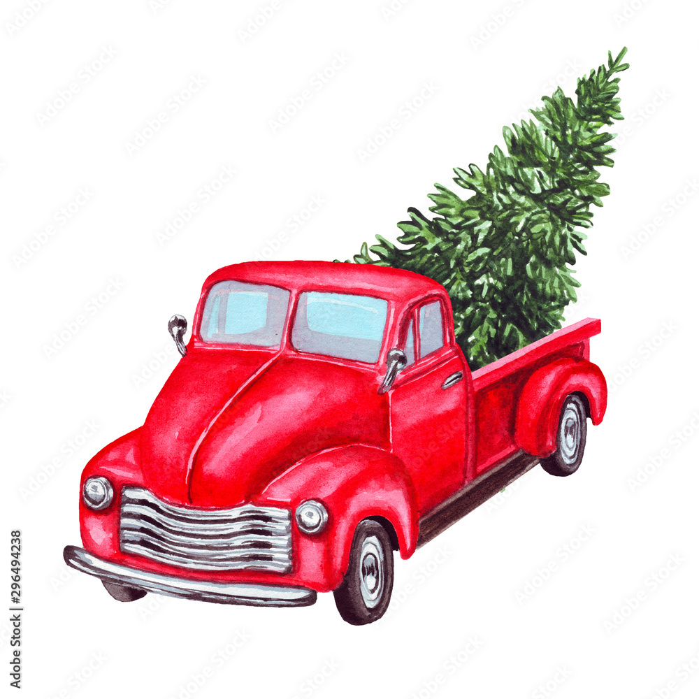 Watercolor red Christmas truck with pine tree, isolated on white background. Hand painted abstract retro car and coniferous evergreen trees. Decorative elements, symbols of winter holidays for cards.