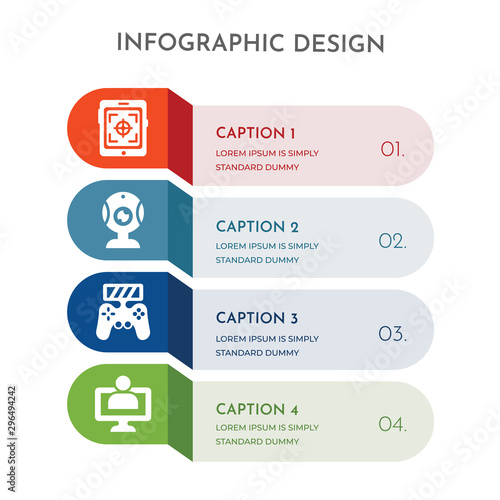 4 colorful filled icons set such as monitor, gamepad, webcam, tablet