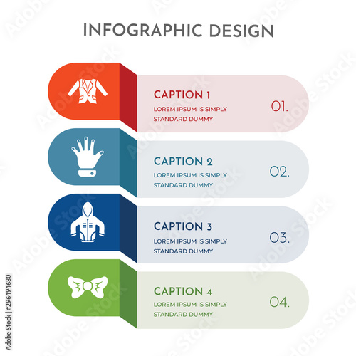 4 colorful filled icons set such as bow tie, hooded jacket, wool gloves, oxford wave blazer