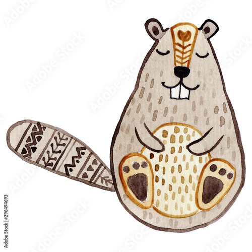 Watercolor cute cartoon animal. Hand painted isolated on white background. Best for children design, poster, wallpaper, nursery, fabric, textile. Cute beaver in sandinavian style