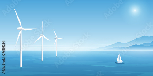 Windmill farm green energy in the ocean, eco-energy concept backgrounds. Wind power technology. Vector illustration.