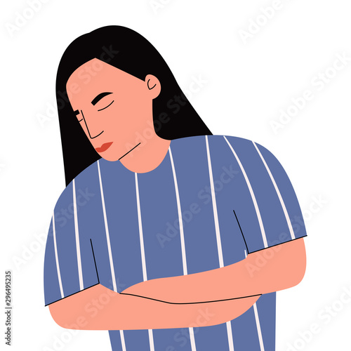 Sad woman having stomach ache. Sick girl touching stomach. Girl suffering from intoxication.Symptom of intoxication, poisoning. Flat cartoon vector illustration