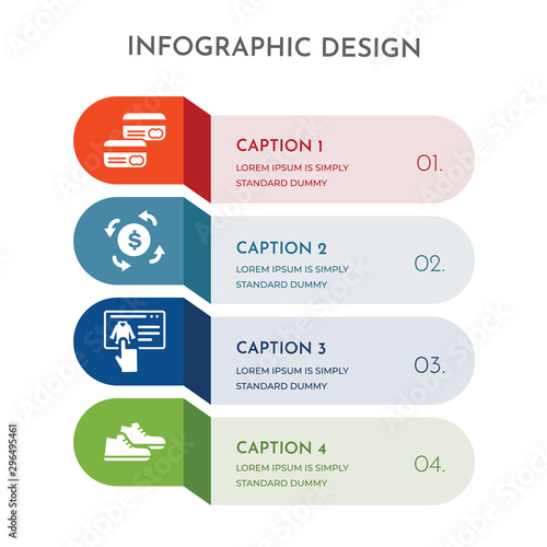 4 colorful filled icons set such as sneakers, online shop, refund, cit card