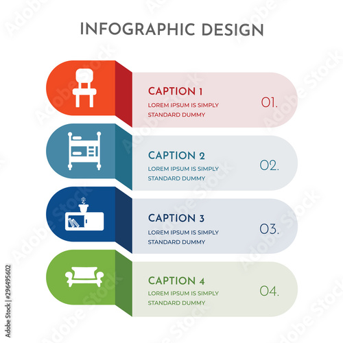 4 colorful filled icons set such as sofa, shelves, bunk bed, stool