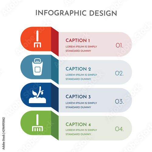 4 colorful filled icons set such as rak, sprout, bucket, fork