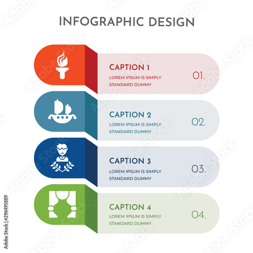 4 colorful filled icons set such as theater, poet, trireme, sports torch
