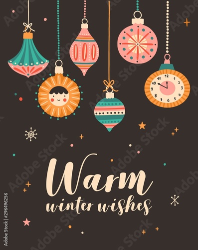 Warm winter wishes greeting cards vector template. Xmas postcard, new year poster design with holiday congratulations. Various christmas tree decorations flat illustration with typography.