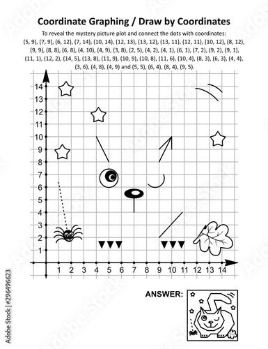 Coordinate graphing, or draw by coordinates, math worksheet with Halloween cat, lying in wait for prey: To reveal the mystery picture plot and connect the dots with given coordinates. Answer included.