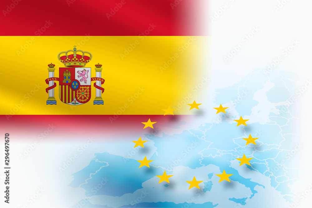 Flag of Spain- member of the European Union on the light blue background