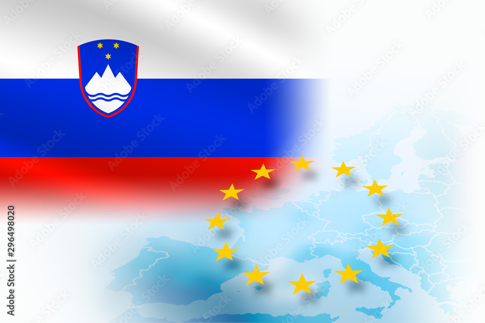 Poznaj wymowę Flag of Slovenia - member of the European Union on a light blue background