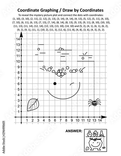 Coordinate graphing, or draw by coordinates, math worksheet with Halloween apothecary and witch's pot: To reveal the mystery picture plot and connect the dots with given coordinates. Answer included.