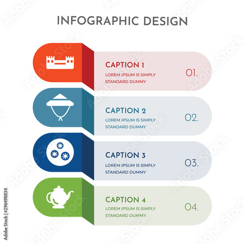 4 colorful filled icons set such as kettle, xiaolongbao, bamboo hat, great wall of china