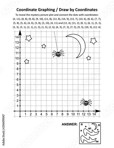 Coordinate graphing, or draw by coordinates, math worksheet with Halloween witch's shoes: To reveal the mystery picture plot and connect the dots with given coordinates. Answer included.