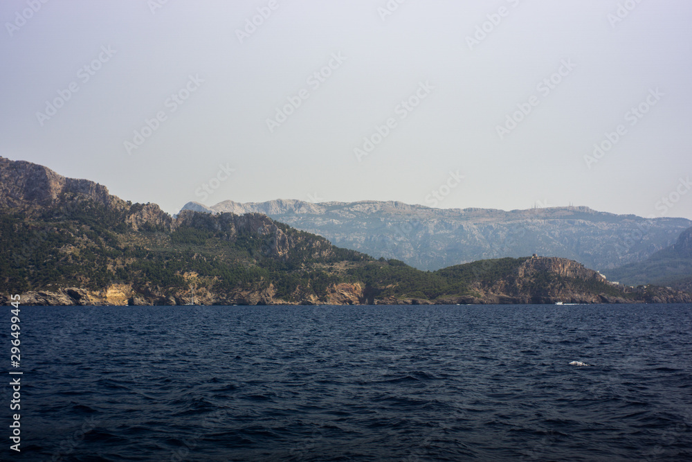 View from the yacht to the Balearic Islands. Beautiful landscape in the Mediterranean Sea