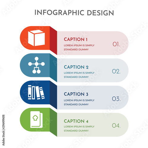 4 colorful filled icons set such as book, book, hierarchical structure, cube