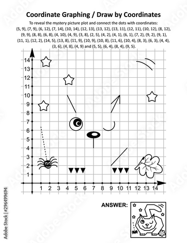 Coordinate graphing, or draw by coordinates, math worksheet with Halloween cat, lying in wait for prey: To reveal the mystery picture plot and connect the dots with given coordinates. Answer included.