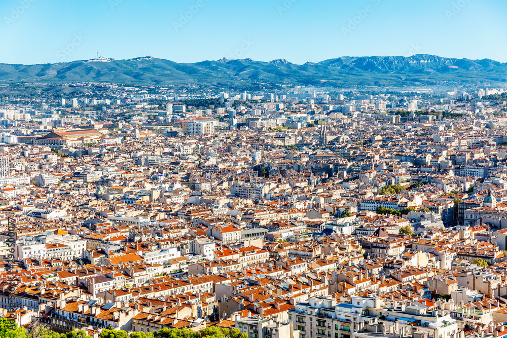 Beautiful top view of Marseille. Gorgeous cityscape on a sunny day.