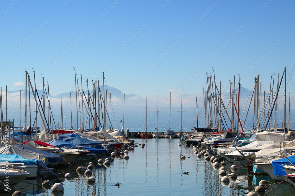 The marina in Vidy in Lausanne, Switzerland on a beautiful summer morning in July 2019.