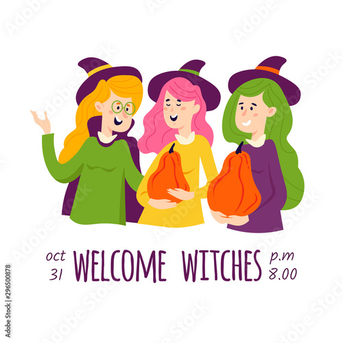 Halloween vector card, postcard, poster, invitation, flyer with people in different carnival costumes having fun in cartoon style isolated on white background.