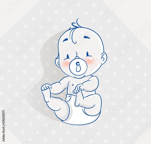 Top view of cute little baby boy lying on bed. Vector illustration