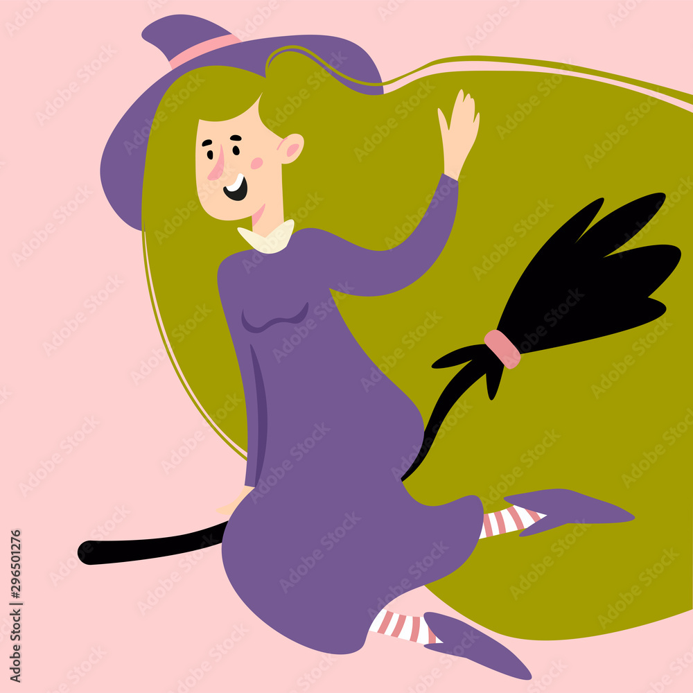 Halloween party card, banner, invitation, flyer, poster, landing page or blog post with a girl character in a witch costume Halloween party card, banner, invitation, flyer, poster, landing page or blog post with a girl character in a witch costume