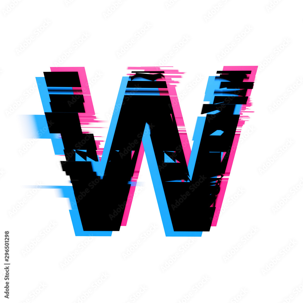 Letter W distorted neon glitch effect text font. 3D Render Stock ...