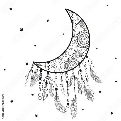 Dreamcatcher on white. Abstract mystic symbol. Design for spiritual relaxation for adults. Black and white illustration