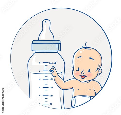 Cute baby boy pointing at huge bottle of milk. Cartoon vector illustration