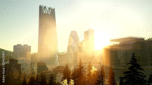 city skyscrapes with lense flairs at sunset photo