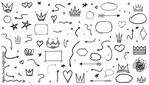 Hand drawn infographic elements on white. Line art. Set of different signs and shapes. Black and white illustration