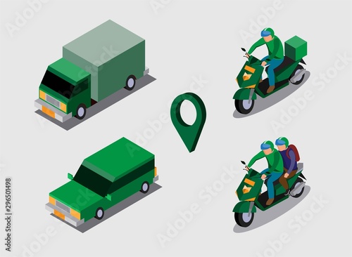 Online transportation motorcycle, car and courier with green uniform isometric vector