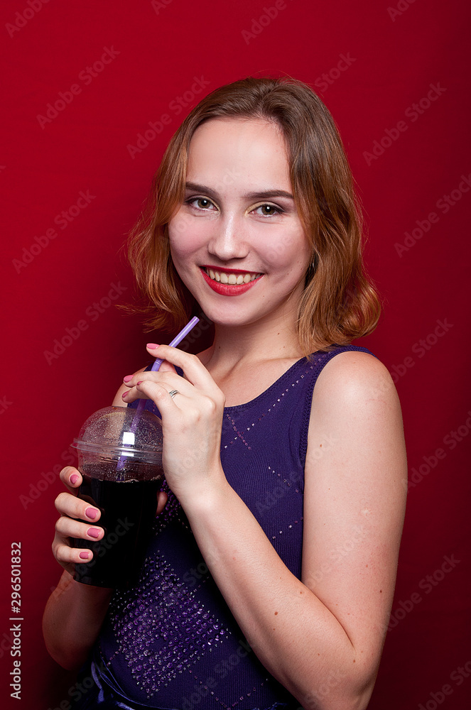 beautiful girl with French fries and drink beautiful girl with French fries and drink