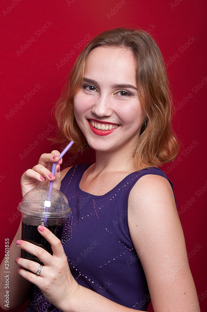 beautiful girl with French fries and drink beautiful girl with French fries and drink