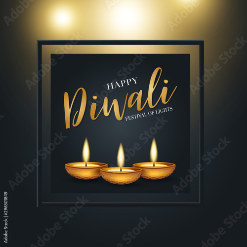Diwali festival of lights poster design. Indian traditional holiday background with glowing garland and text typography in a black square frame backdrop. Diya oil lamp. Vector illustration.