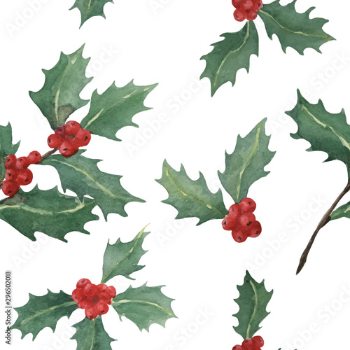 vector watercolor hand painted seamless pattern of holly branches isolated on white background, Christmas plant illustration for holyday design, textile, wrapping, wallpaper