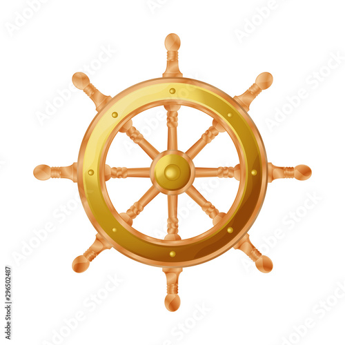 A luxury ship steering wheel made of wood, with gold plates and a carved shape of handles and wheel spokes.
