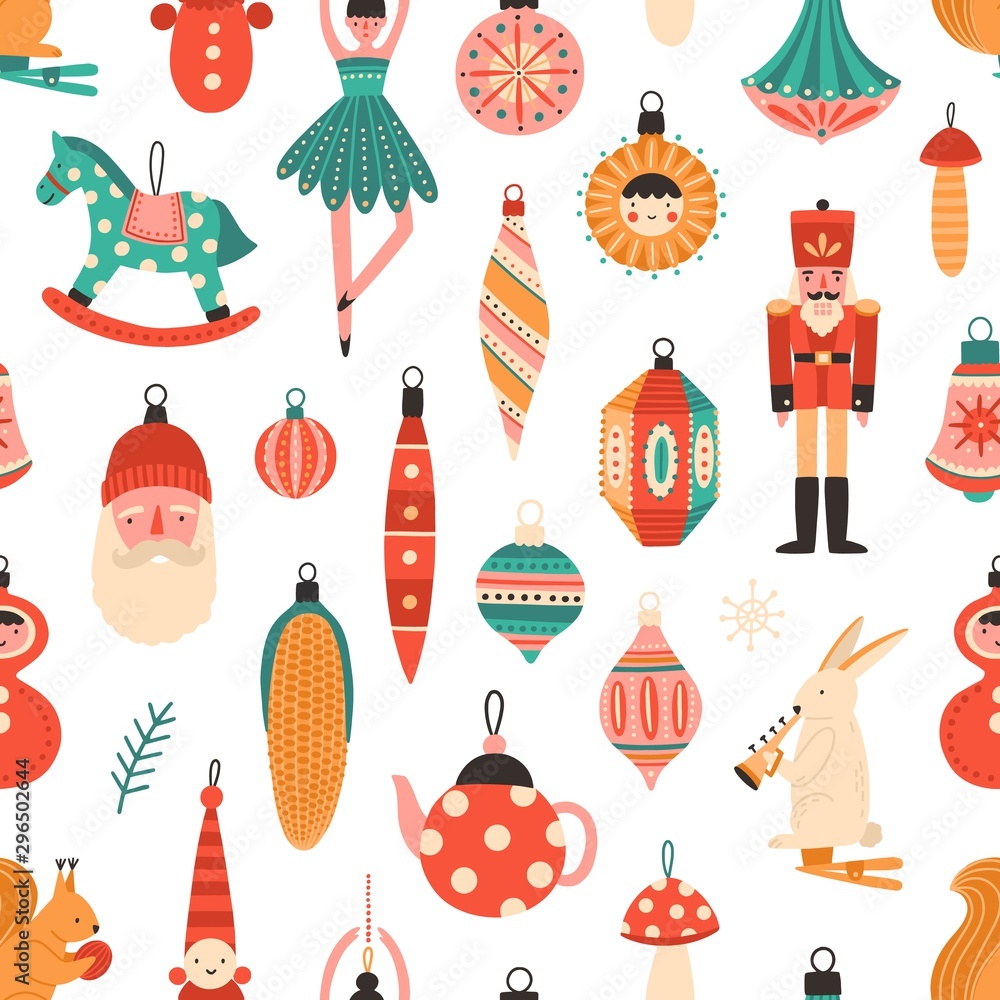 Christmas tree decorations flat vector seamless pattern. Traditional winter holiday cartoon texture. Decorative xmas toys illustration. New year backdrop. Festive wrapping paper, wallpaper design.