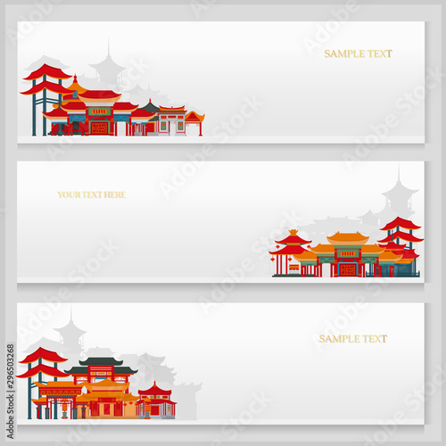 Three vector postcards with chinese traditional buildings and place for text.