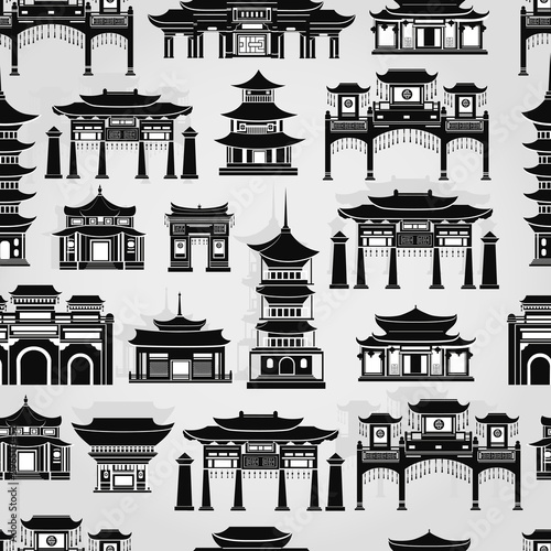 Seamless vector pattern with black and white Chinese traditional buildings on a light gray background.