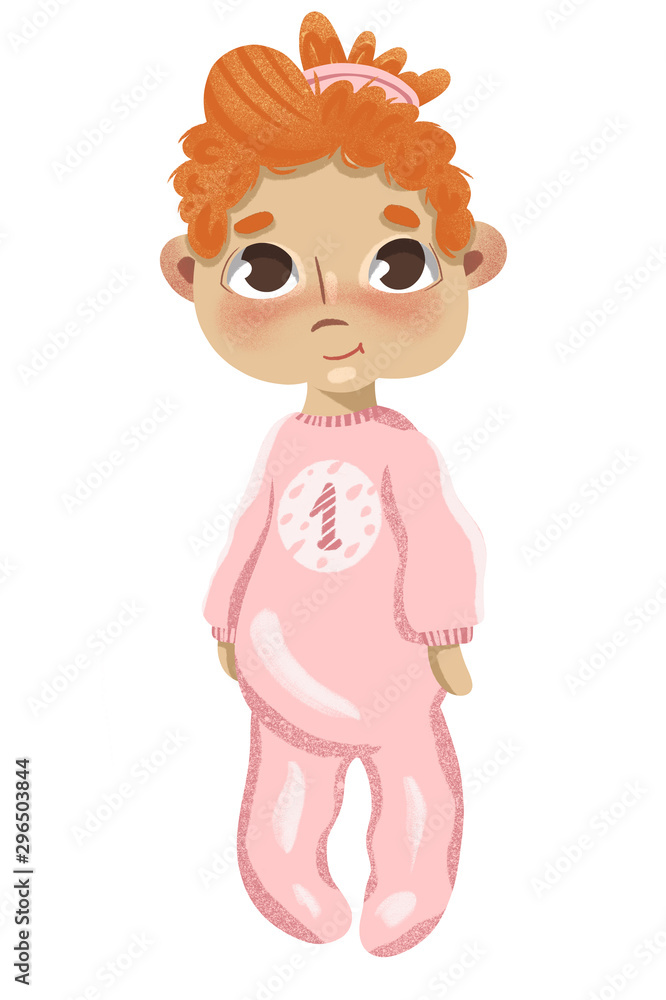 Toddler babygirl character with red hair standing for first year crafts project like baby girl poster or invitation for baby birthday party and newborn branding design Toddler babygirl character with red hair standing for first year crafts project like baby girl poster or invitation for baby birthday party and newborn branding design