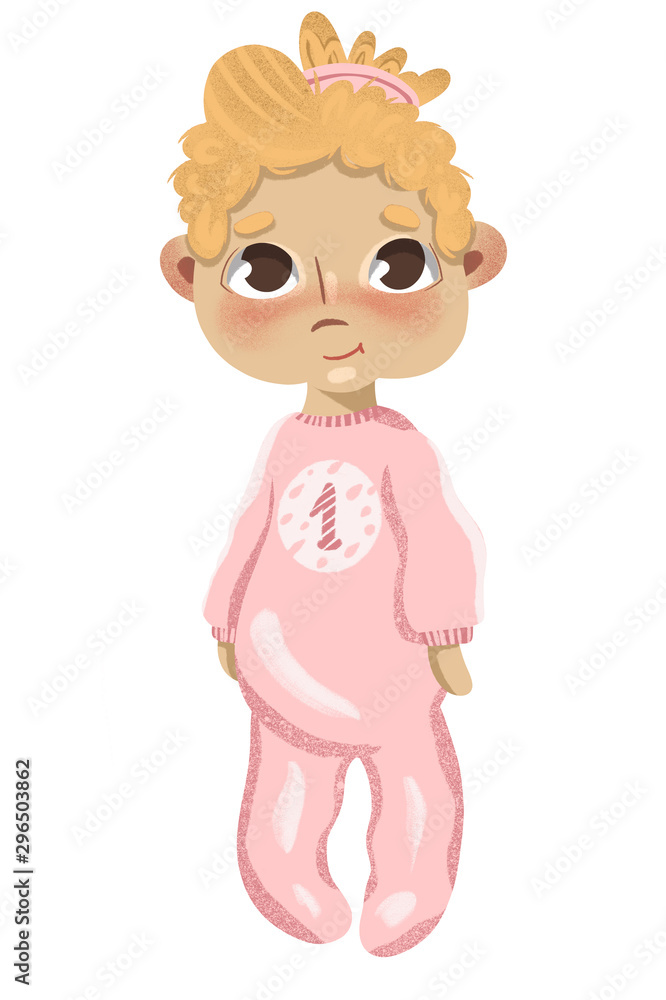Toddler babygirl character with blonde hair standing for first year crafts project like baby girl poster or invitation for baby birthday party and newborn branding design Toddler babygirl character with blonde hair standing for first year crafts project like baby girl poster or invitation for baby birthday party and newborn branding design