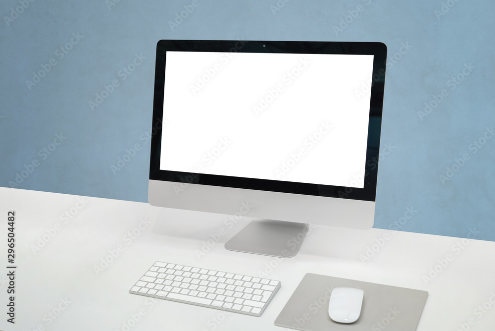 Computer display mockup. Clean office desk with computer display, mouse and keyboard. Isoalted screen for mockup, design presentation. Computer display mockup. Clean office desk with computer display, mouse and keyboard. Isoalted screen for mockup, design presentation.