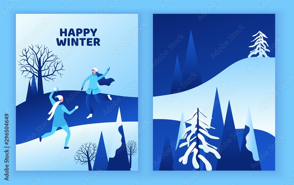 Winter greeting card, isometric people, man and girl playing snowballs, snowman, happy romantic couple, 3d vector sport family playing, outdoor activity, snow games, simple cartoon characters, design
