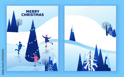 Ice skating greeting card, isometric kids, 3d vector winter people, sport family, christmas tree decorated, children playing and riding skate, simple skater, rink, outdoor snow games, minimal design