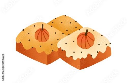 Sweet pumpkin cakes, pies flat vector illustration