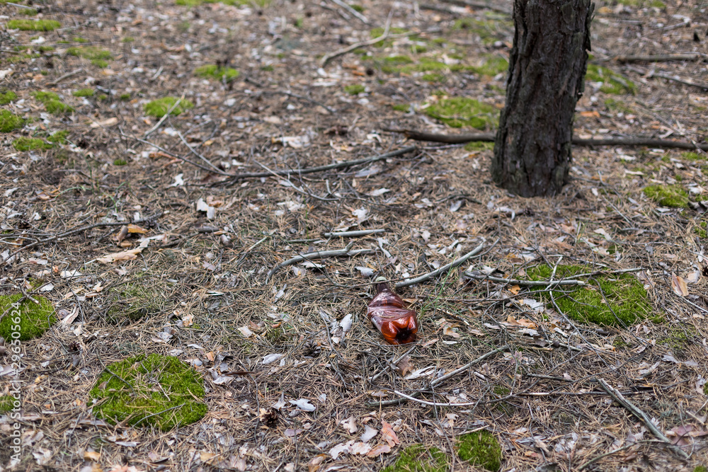Brown plastic bottle on the ground in a pine forest. Brown plastic bottle on the ground in a pine forest.