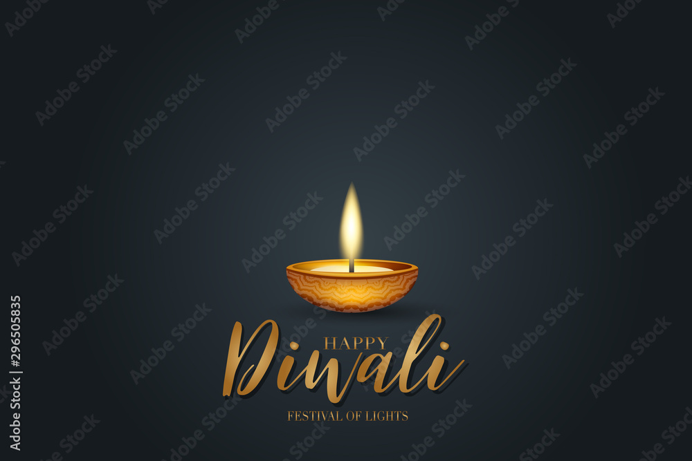 Happy Diwali festival of lights poster design. Indian traditional holiday background Diya oil lamp and golden text typography on black backdrop. Gorgeous celebration banner. Vector illustration. Happy Diwali festival of lights poster design. Indian traditional holiday background Diya oil lamp and golden text typography on black backdrop. Gorgeous celebration banner. Vector illustration.