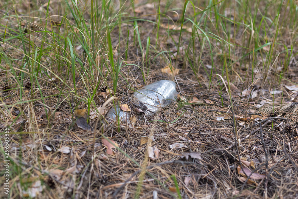 Obraz premium White plastic bottle on the ground in a pine forest.