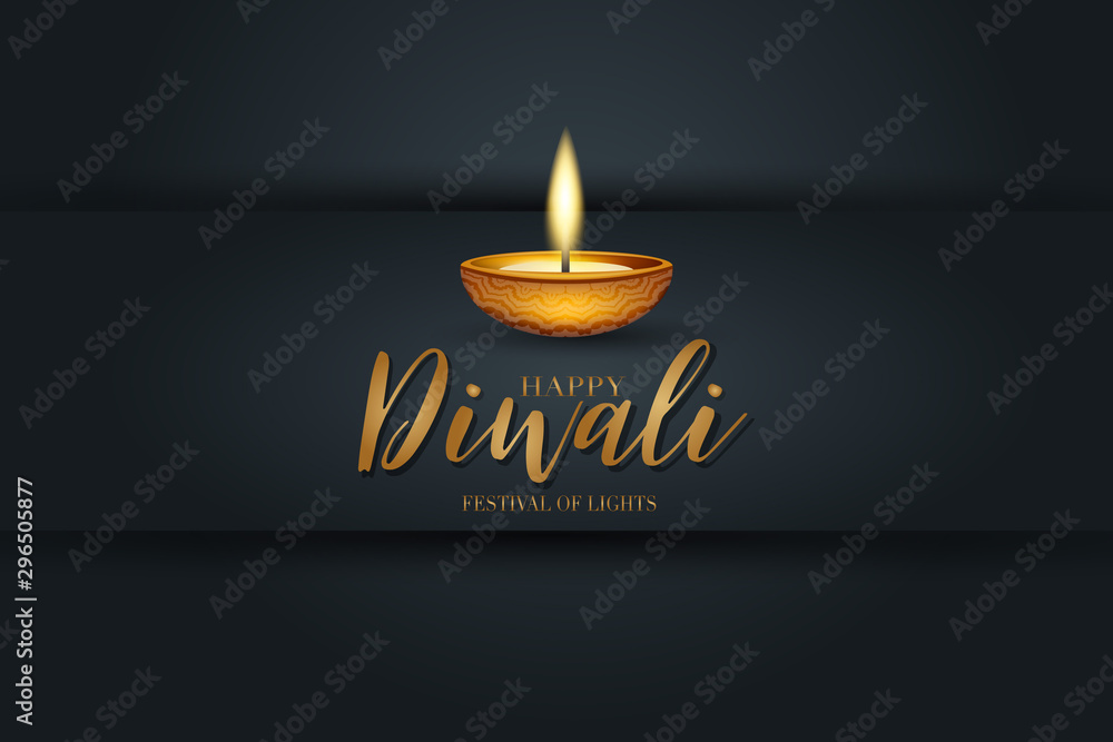 Diwali festival of lights poster design. Indian traditional holiday background Diya oil lamp and golden text typography on black backdrop. Gorgeous celebration banner. Vector illustration. Diwali festival of lights poster design. Indian traditional holiday background Diya oil lamp and golden text typography on black backdrop. Gorgeous celebration banner. Vector illustration.